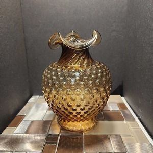 Indiana Glass Amber Hobnail 8 1/4" In Twisted Ruffled Vase
